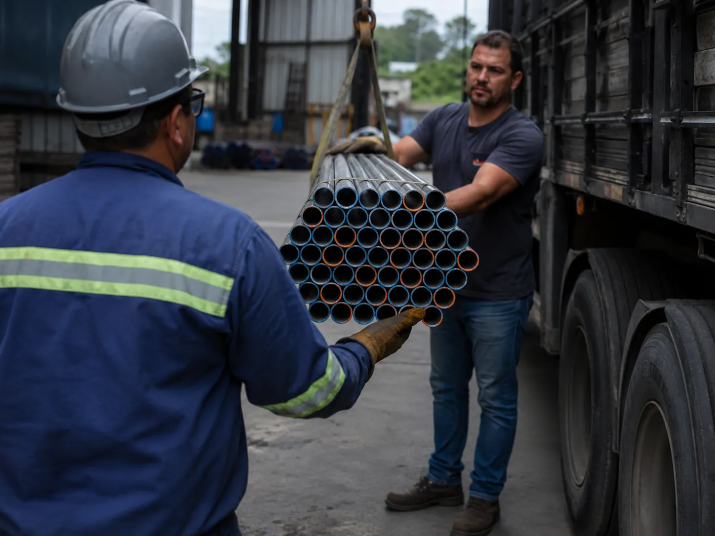 Equipe da Metalpampa entregando um feixe de tubos de aço ao cliente